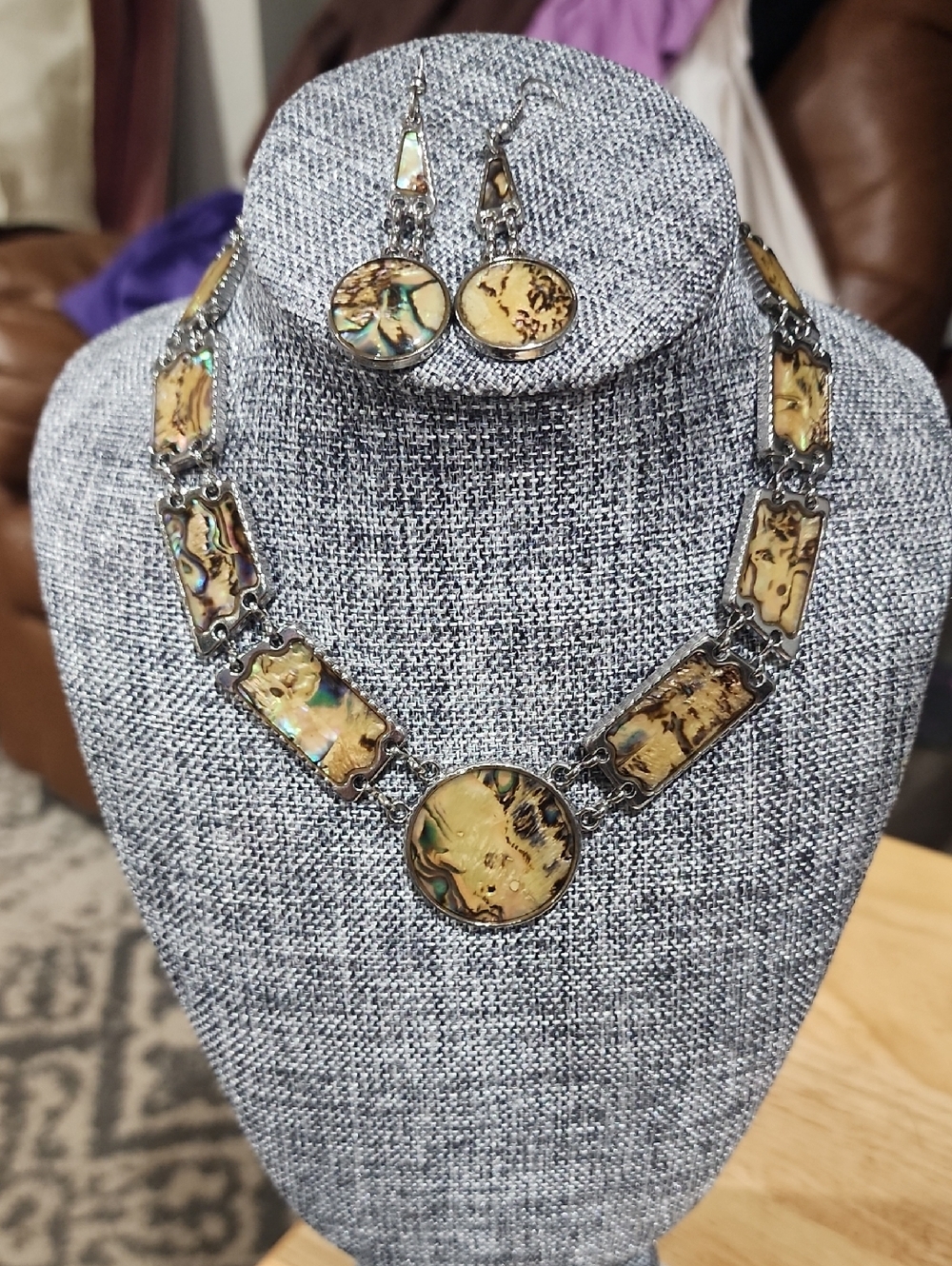 Abalone Shell Statement Necklace & Earrings Set Silver Tone Artisan Style